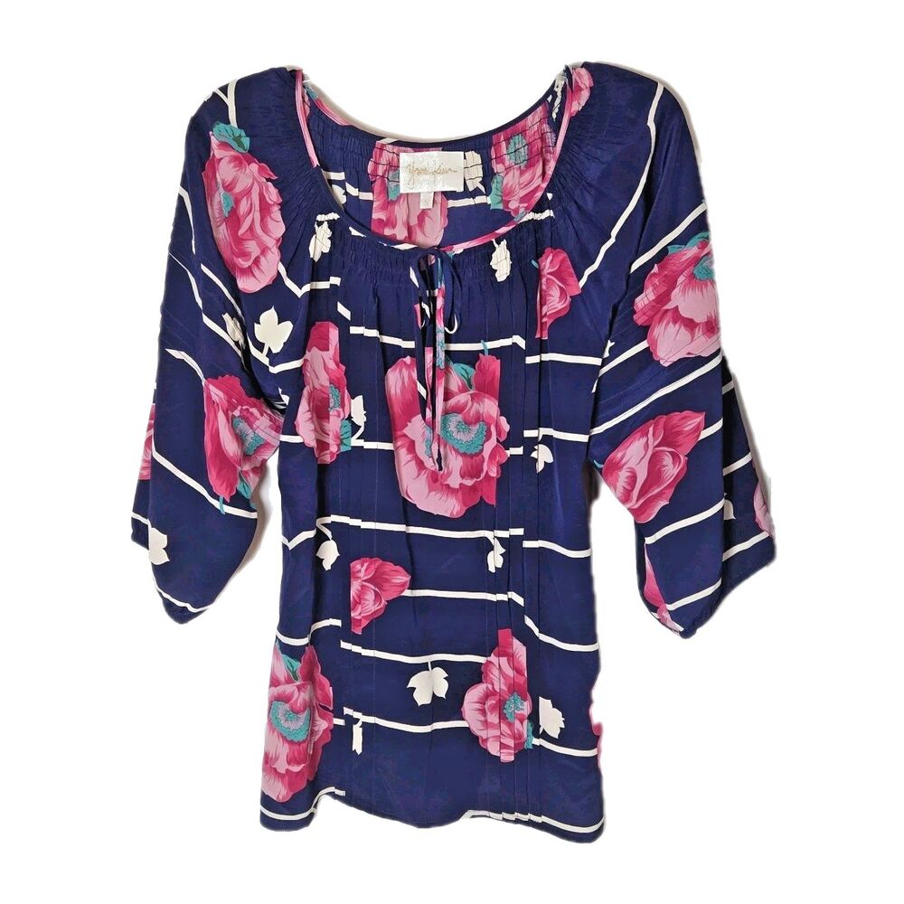 Yumi Kim Floral Boho Blouse Top Womens Sz S Navy Pink Tropical Print 3/4 Sleeve